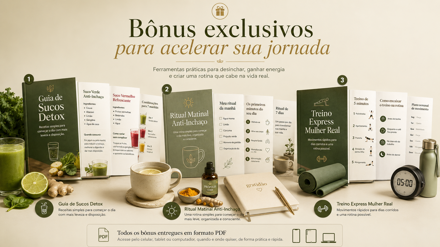 Capa dos 3 bônus: Guia de Sucos Detox, Ritual Matinal e Treino Express