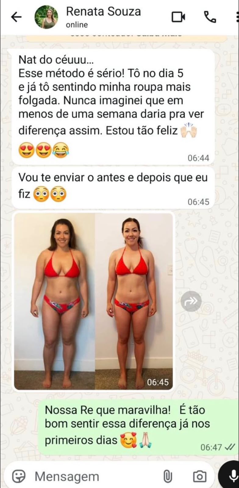 Print de conversa: Renata conta resultado em 5 dias, com foto de antes e depois