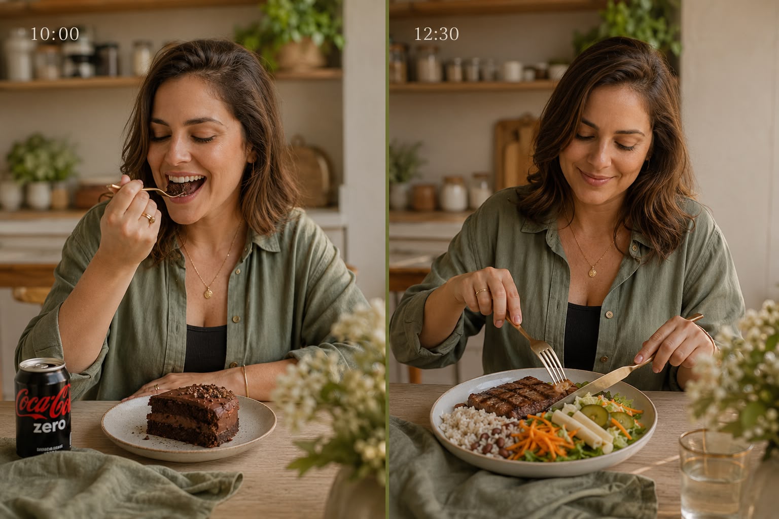 Comparativo da mesma mulher: às 10:00 comendo bolo de chocolate, às 12:30 com uma refeição leve e equilibrada