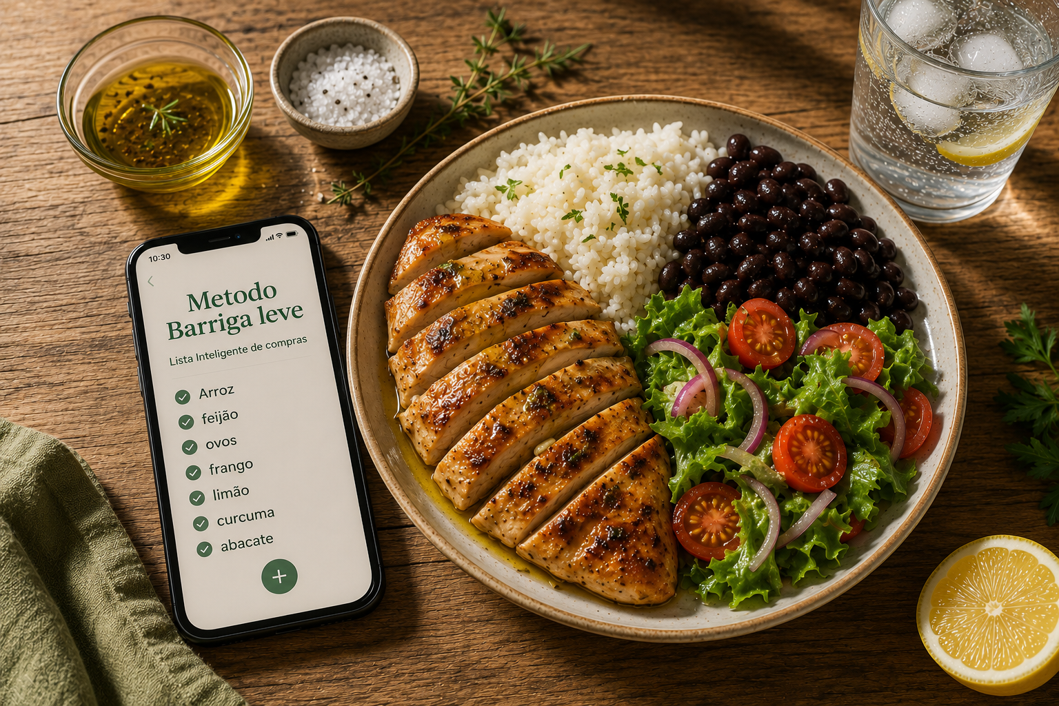 Prato equilibrado com frango grelhado, arroz, feijão, salada e celular mostrando a Lista Inteligente de Compras do Método Barriga Leve