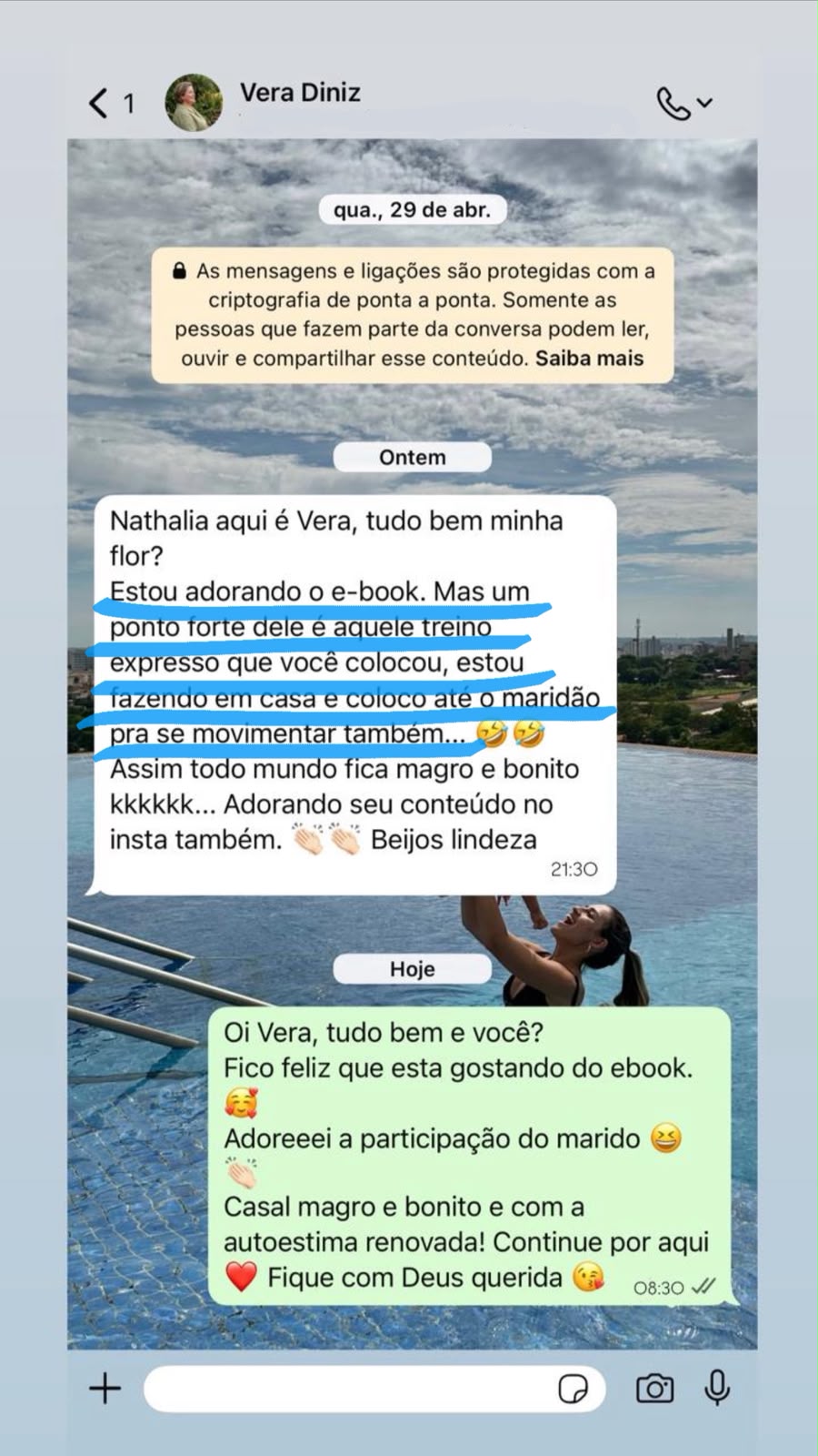 Print de conversa: Vera elogia o treino expresso e conta que o marido também faz em casa