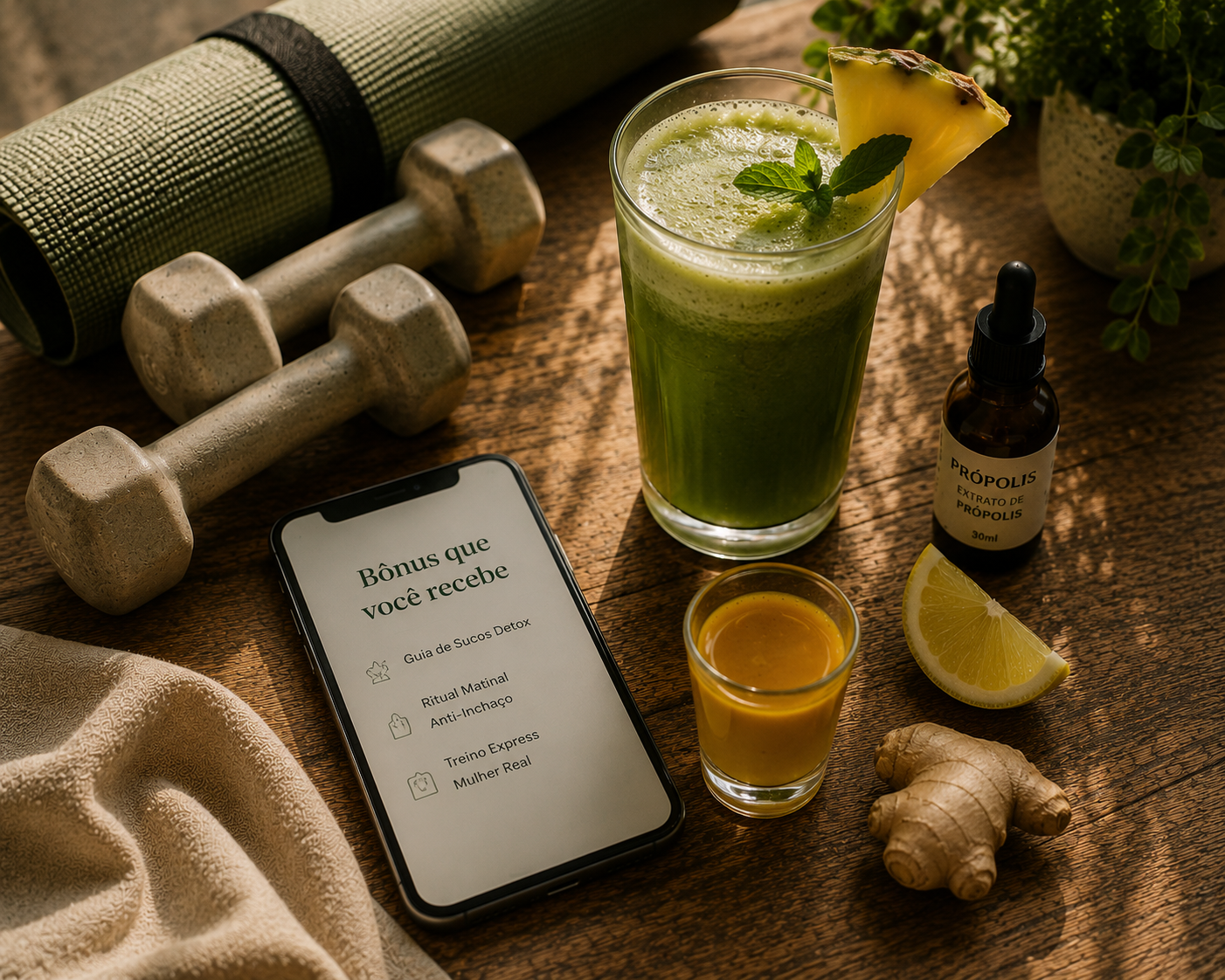 Capa dos 3 bônus: Guia de Sucos Detox, Ritual Matinal e Treino Express