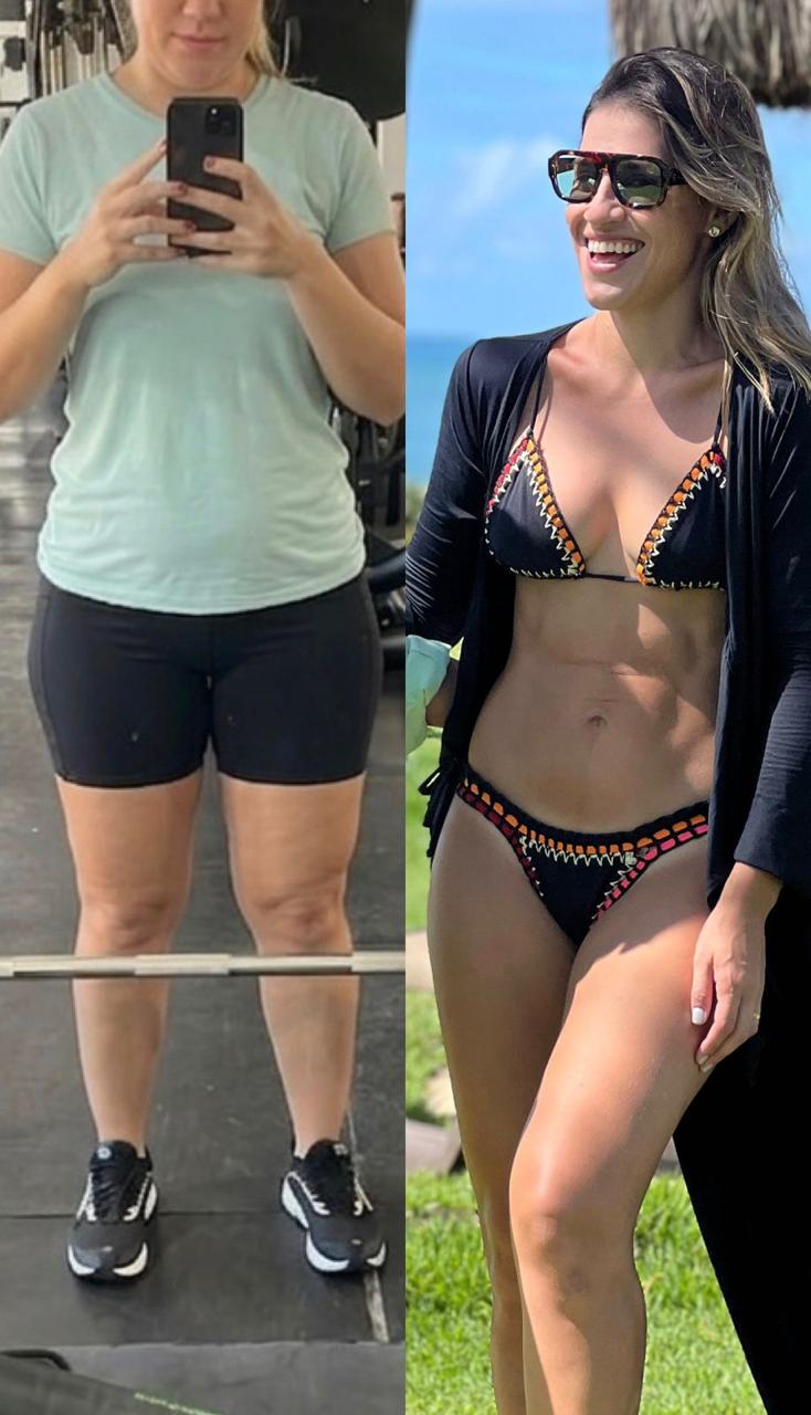 Antes e depois de transformação corporal, da academia à praia