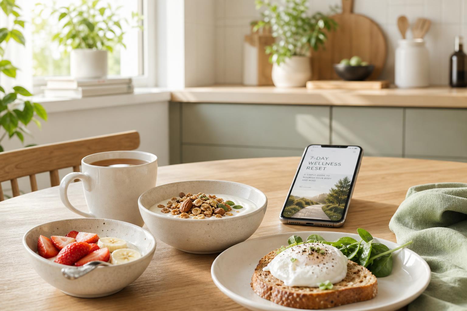 Mesa de café da manhã organizada com luz natural, frutas, iogurte, pão com ovo e celular mostrando o material digital